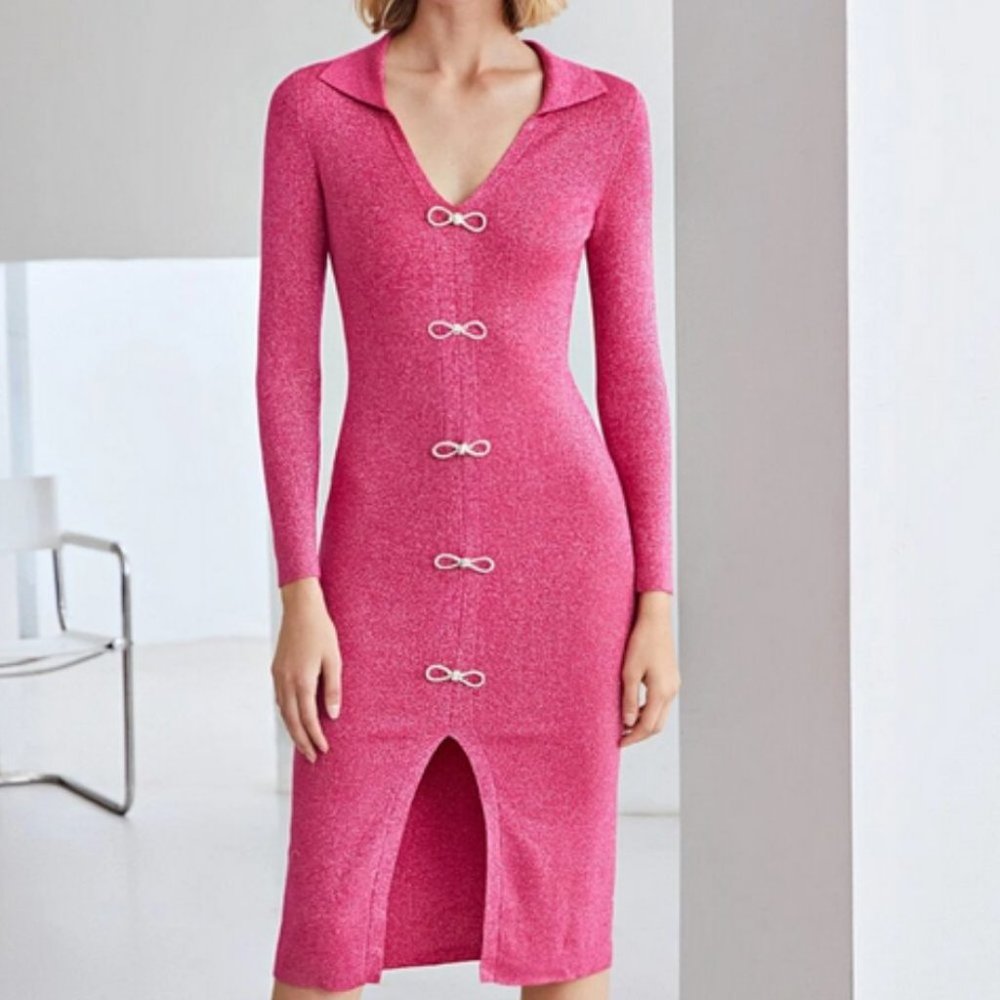 pink sparkle knit bow button detail split hem dress chic elegant evening classy - Picture 7 of 10